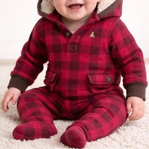BabyGap Buffalo Plaid Fleece-Lined Hooded One-Piece – Size 6–12 Months - Red